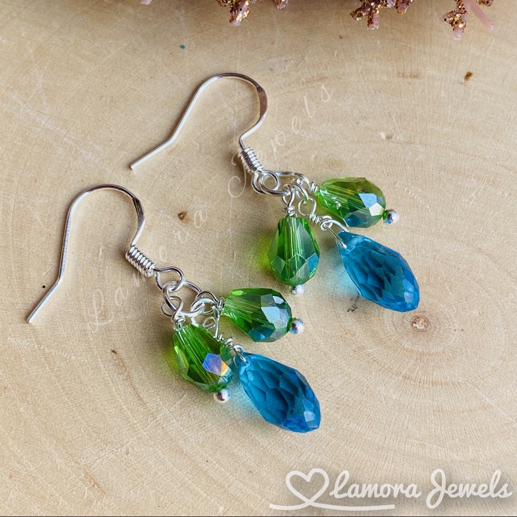 Swarovski Blue & Green Crystal Sterling Silver Dangle Earrings